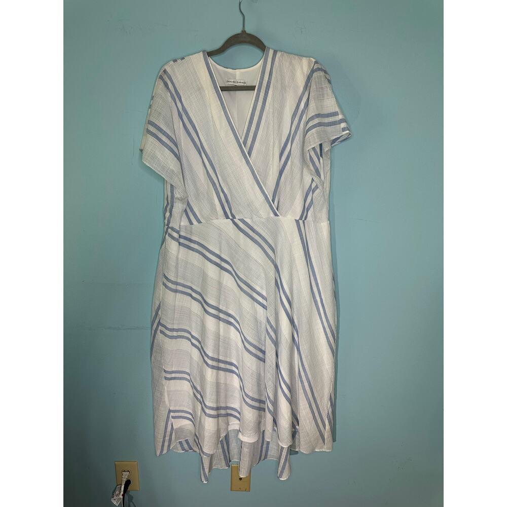 Sandra Darren white and blue striped short sleeve V-neck midi dress cotton 18W